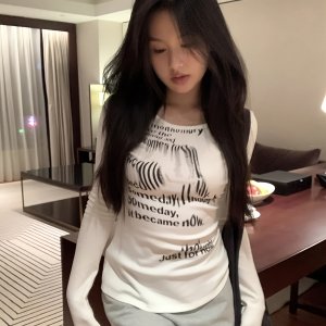 슬림핏 핫걸 바닥 상위 미국 스타일 순정 U-넥 긴팔 오프숄더 티셔츠