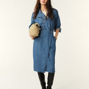 [바쉬] 블루 워싱 중청 랩디자인 린넨혼방 데님 롱원피스 SIDR5E003B2