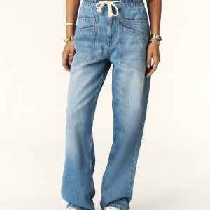 [바쉬] 블루 워싱 중청 면 와이드핏 밴딩 데님팬츠 SIPA5E003B2