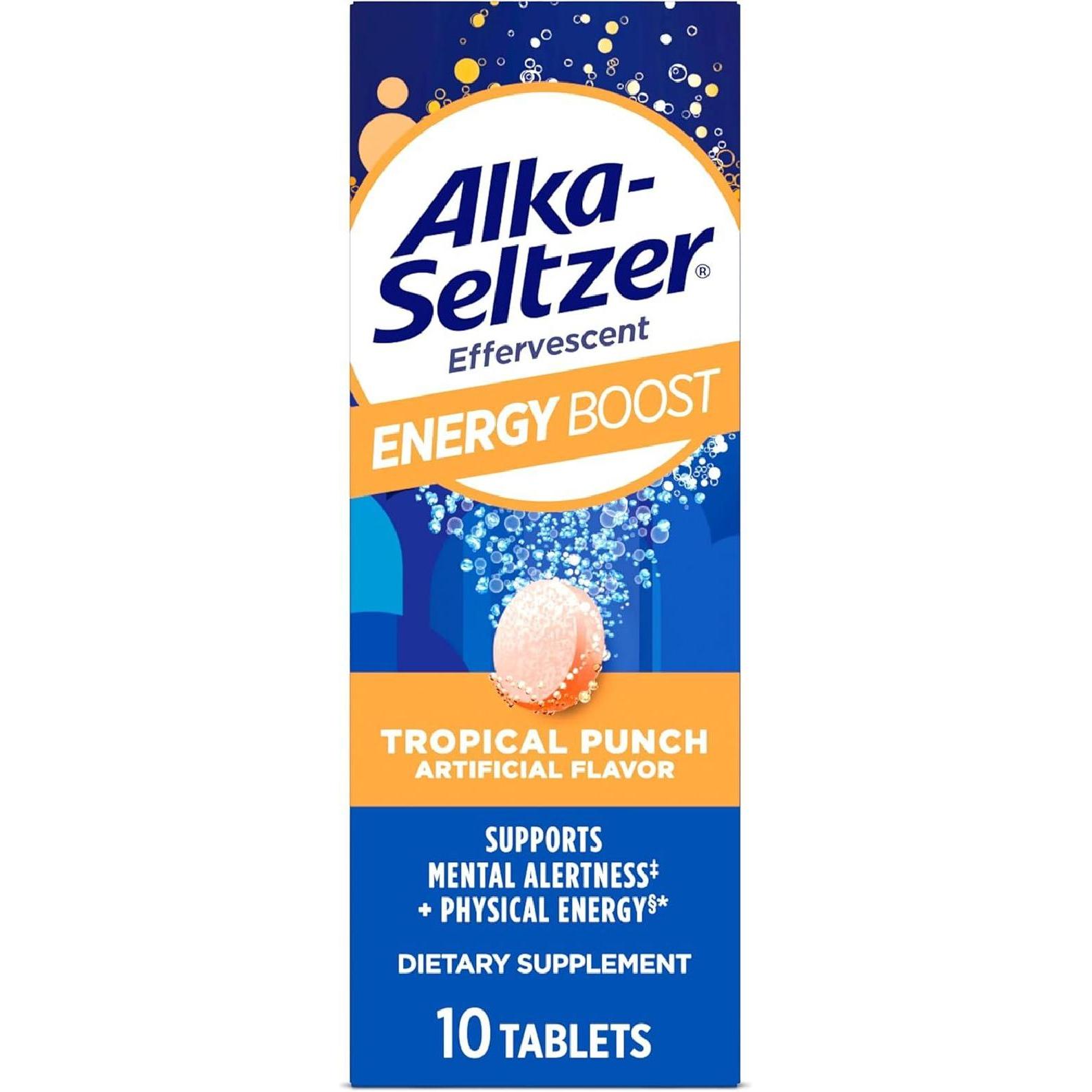 AlkaSeltzer 에너지 부스트 카페인 과라나 비타민 B군 가벼운 트로피컬 펀치 맛 10ct