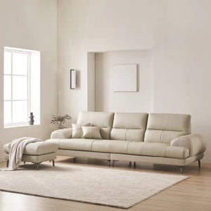 삼익가구 베이번 천연 통가죽 4인용 소파(스툴포함)