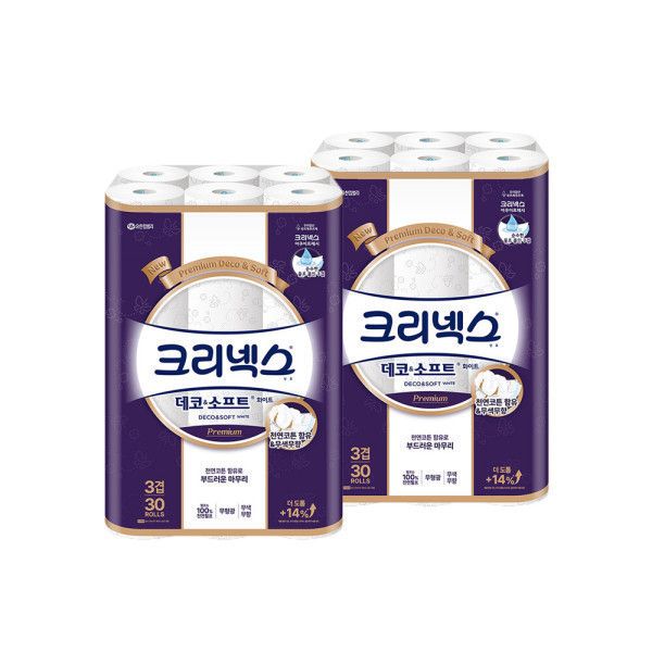 크리넥스 데코앤소프트 화이트 25m 30롤 2팩 + 스캐적립 (25,020원) (무료)