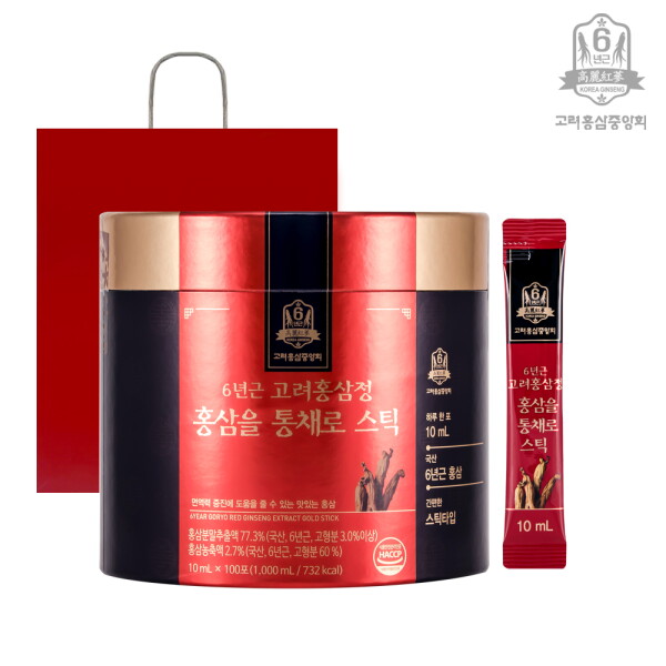 <b>홍정관</b> 고려<b>홍삼</b>중앙회 6년근 고려<b>홍삼</b>정 <b>홍삼</b>을 통채로 스틱 10ml x 100포 / 고급 쇼핑백