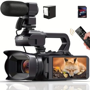 18배 줌, 64MP 사진 촬영, 4.0인치 플립 스크린, WiFi 원격, 64GB SD 카드, 마이크, 안정화 장치 및 긴 배터리 수명이 있는 4K 울트라 HD Vlog 카메라