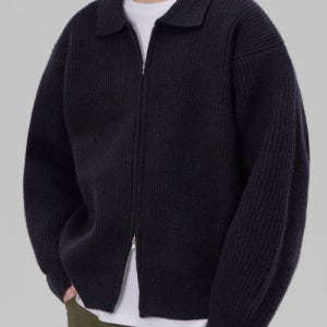 [굿라이프웍스] 투웨이 헤비 골지 카라 니트 집업 블랙 22FWGK02BK