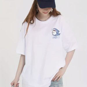 여름티셔츠 고블 만화 프린트 오버사이즈 티 - 레트로 Y2K 스타일, 루즈핏 반팔, 세탁기 사용 가능, 화이트 블루 & 블랙 그래픽 디자인, 봄/여름 캐주얼 웨어