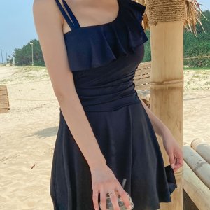 우아한 블랙 원피스 수영복, 오프숄더 러플 디테일 - 신축성 있고 비침 없는 원단, 끈 조절 허리, 해변 및 수영장용으로 완벽