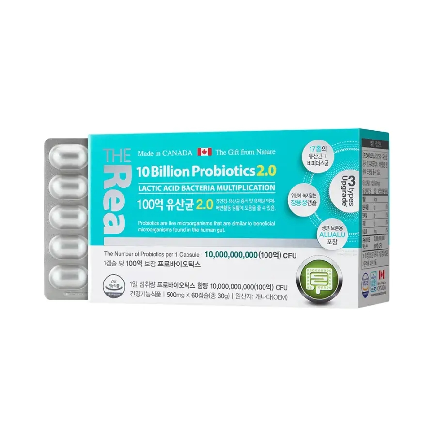 <b>더리얼</b> 100억 유산균 <b>프로바이오틱스</b> 2.0 60캡슐 장용성 1박스 2개월분