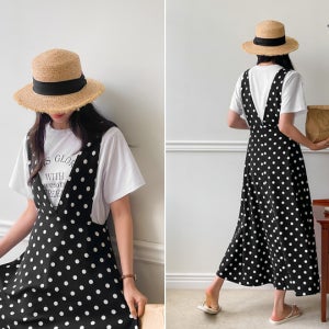 V도트 플레어 맥시 멜빵 원피스