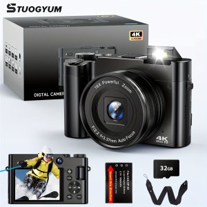 STUOGYUM 4K 듀얼 렌즈 디지털 카메라 - 64MP 전면 & 후면, 3.2인치 HD 스크린, 플래시, 16배 줌, 32GB 카드 & 1050mAh 배터리 포함 소형 여행용