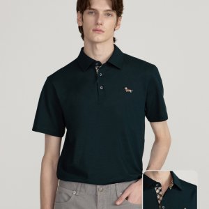 [닥스 남성] [LF몰단독/워셔블] [닥스훈트] 다크그린 체크 배색 반팔 카라 티셔츠 DMTS5B501E3