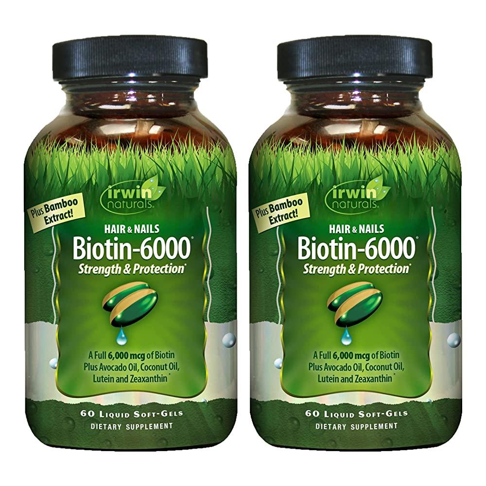 <b>어윈네츄럴</b> <b>Irwin</b> Naturals Biotin-6000-60 리퀴드 소프트 젤 2개 팩 - 모발 및 손톱의 강도 보호 지원 아보카도 오일 코코넛 <b>루테인</b> 제아잔틴 포함 총 6