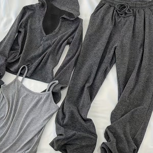 2025 봄 컬렉션 스타일리시 후드 스웨트셔츠와 와이드 레그 팬츠 세트