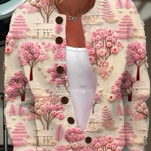 3D 프린트 핑크 트리 가디건 프린트 영 스타일