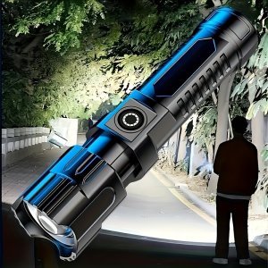 휴대용 LED 손전등, 3가지 모드 (높은/낮은/), 1200mAh 리튬 충전식 배터리, 텔레스코픽 줌, USB 케이블 포함, 캠핑, 하이킹 및 야외 활동용.