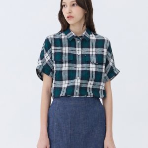 [헤지스 여성] [LF몰단독특가][린넨100][스테디셀러]그린 체크 반팔 셔츠 WSSH4B309E2
