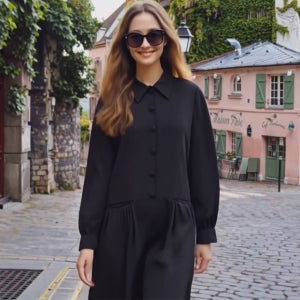 쉬즈 블랙 반오픈 히든 버튼 카라넥백 셔링 루즈핏 롱 원피스[단추 긴팔 면 박시 박스 로맨틱 여성스러운 봄 가을 고급 명품 원단 보세 데일리룩 여행룩 편한 브랜드 러블리 디자이너 