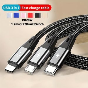 3-in-1 고속 충전 USB 케이블, 나일론 브레이드, iPhone 14 Pro Max Xs Max 충전 케이블 Samsung, Redmi, OnePlus, Xiaomi USB