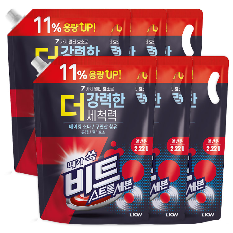 라이온코리아 <b>비트</b> 스트롱 세븐 세탁세제 일반용 리필 2.22L, 6개