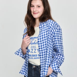 [헤지스 여성] 린넨 깅엄 셔츠 블루 HSSH5BC39B3