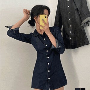 미니원피스 [무료배송] 말이 필요없는 뒷밴딩 똑딱버튼 데님 셔츠 미니 원피스
