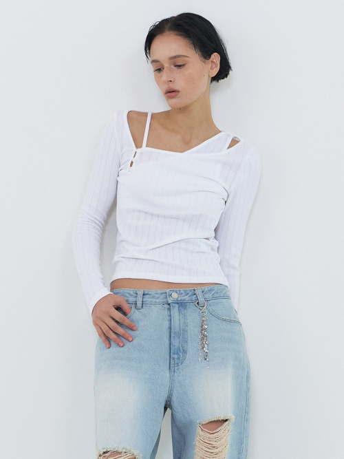 [에트몽] Diagonal Button T-Shirt, White TL140USS01