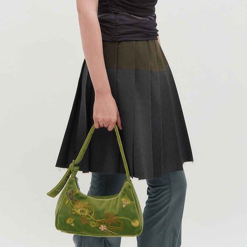 [킴지수] Raw Edge Colour Block Pleated Skirt _ KHAKI