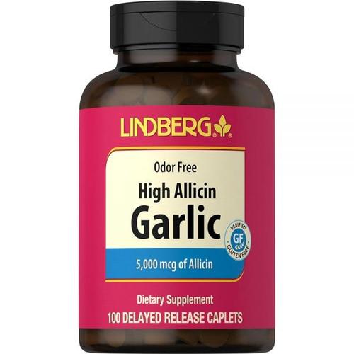 Lindberg 마늘 보충제 500mg 100캡슐 알리신(5000mcg) 함유 무취 <b>부추</b>속 사티붐 <b>추출물</b> GMO 프리 글루텐