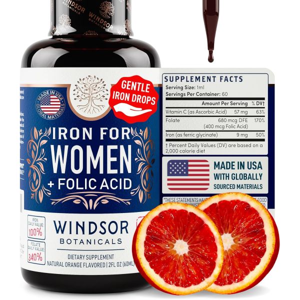 WINDSOR BOTANICALS <b>엽산</b> 활성형 액티브 여성용 철분 보충제 - 35mg 순한 철분 667mg 비타민 B9 생리 임신 지원 산전 황산철 알약 180정 비건  Liqui