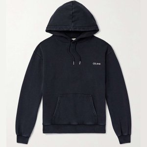 셀린느 25 SS 옴므 미니멀리스트 로고 프린트 캥거루포켓 소프트 코튼 저지 후드티 블랙 160010484