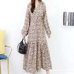 이자벨 베이지 레오파드 V넥반오픈 허리 리본 루즈핏 롱 원피스[호피 무늬 브이넥 패턴 나염 박시 박스 긴팔 면 버튼 단추 셔링 하이웨이스트 봄 가을 고급 명품 원단 보세 데일리룩 