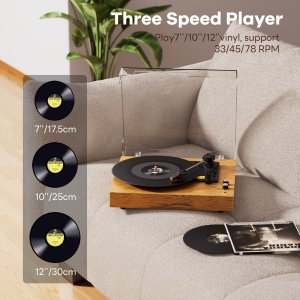 EU-MAIO E300 빈티지 비닐 레코드 플레이어 - 3단 속도 33/45/78RPM, 무선, USB, AUX-in 및 RCA 연결성, 수제 목재 받침대, 스피커 포함 -