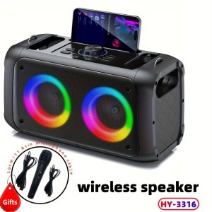 HY-3316 휴대용 무선 스피커, 저음 캐논 및 마이크 - 10W 듀얼 스피커, RGB 파티 라이트, FM 라디오, 2400mAh 배터리, TF 카드 슬롯,