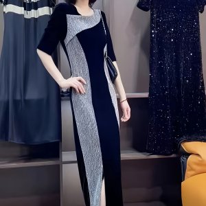 우아한 시크한 플러스 사이즈 드레스 - 블랙과 화이트 , 소매 없는, A라인, 여름 드레스, 컬러 블록 디테일, 캐주얼하고 공식적인 자리, 캐주얼한 의상에 적합, 우아한 소매 없는