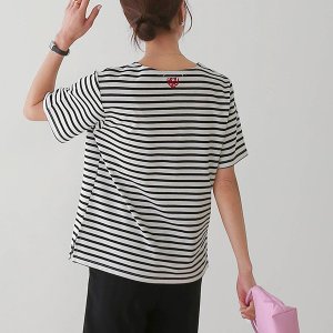 여성 하트 자수 단가라 반팔티 스트라이프 봄