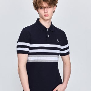 [헤지스 남성] 네이비 컬러블럭 반팔 카라 티셔츠 HZTS5B434N2