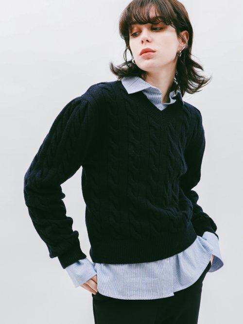[로시로우] Puff Twist V Neck Knit Navy LR082_nv