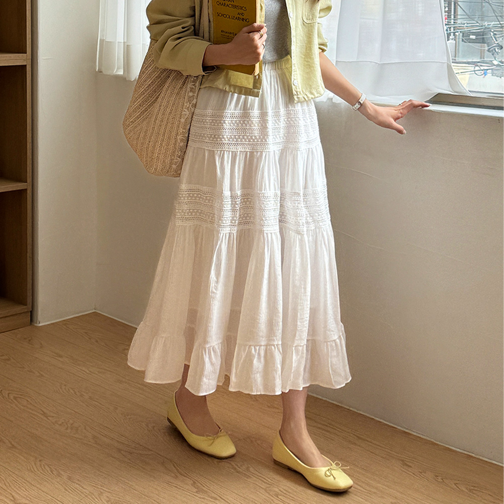 데일리앤 사빈 아일렛 펀칭 레이스 프릴 캉캉 롱스커트 여름 치마