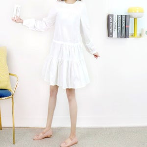 퓨어 화이트 핀턱주름 루즈핏밑단 셔링 허리 리본 스트랩 미니 원피스[라운드 면 박시 박스 무지 짧은 긴팔 봄 가을 고급 명품 원단 보세 데일리룩 여행룩 편한 브랜드 러블리 디자이너