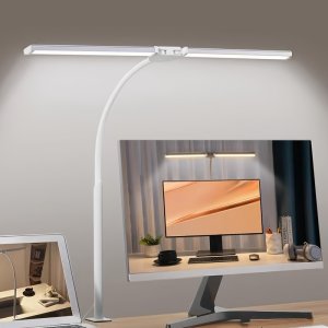 블랙/화이트 LED 데스크 램프, 13W 초밝기 컴퓨터 스크린 조명, 이스포츠 테이블 램프, 접이식 듀얼 헤드 클립형, 5가지 조명 모드, 조절 가능한 구슬목 라이트, 밝기 조절