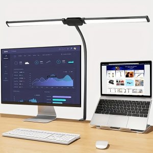 블랙/화이트 LED 데스크 램프, 13W 초밝기 컴퓨터 스크린 조명, 이스포츠 테이블 램프, 접이식 듀얼 헤드 클립형, 5가지 조명 모드, 조절 가능한 구슬목 라이트, 밝기 조절