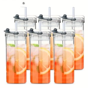 KEMORELA 유리 물병 4/6 팩 - 380ml/500ml 휴대용 직사각형 음료 용기 뚜껑 및 빨대 포함 - 경량, 내열성, PVC 무료, 뜨거운/차가운 음료에 적합,