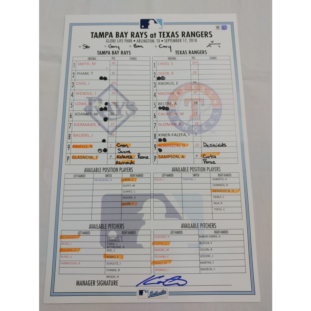최지만 추신수 실제 경기 라인업 카드 2018년 09월 17일 텍사스 레인저스 템파베이 레이스 MLB 메이저리그 공인 인증 홀로그램  1개