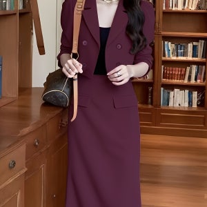 가을 패션 신작 한국어 버전 양복 칼라 더블브레스트 작은 탑 하이웨이스트 슬리밍 엉덩이 세트 스커트 투피스