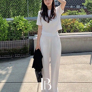 [B-MADE/바지핏선택ok!]런어웨이 플리츠 투피스세트(3color) [셋업 아이스 주름 와이드팬츠 부츠컷 밴딩바지 화이트 카키 반팔티셔츠 5부 보트넥 크롭 냉감 트레이닝 링클
