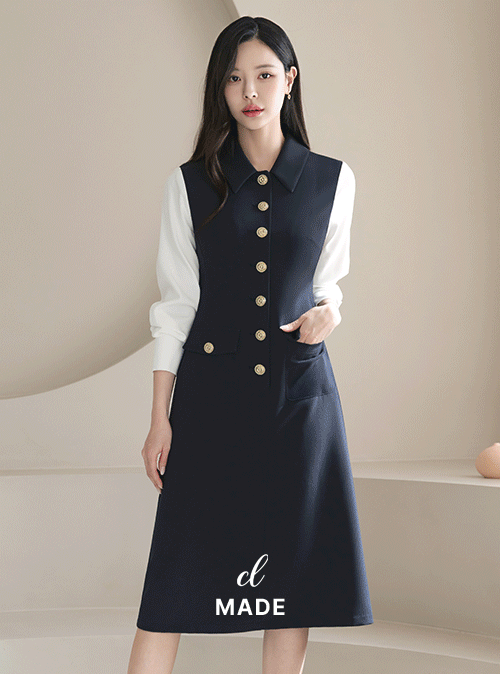 앤딘 배색소매 골드버튼 A라인 원피스[오늘의특가03/18]