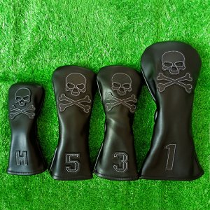 Skull & Crossbones 골프 클럽 커버 - 블랙 PU, 방수 및 내구성, 자체 고정, 탄력 없음, 드라이버, 우드 및 아이언에 이상적, 골프 기어 액세서리 | 스컬