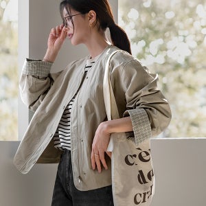 스트링 라운드 배색 자켓[자켓,봄자켓,봄아우터,골덴카라,데일리룩]