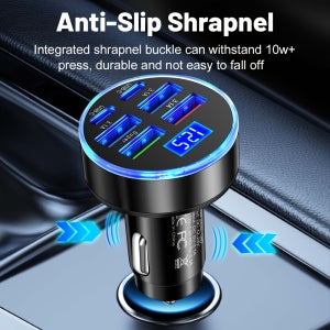 [고속 충전기, 차량용 충전기] 6-in-1 차량용 고속 충전기, 퀵 차지 USB-C, 듀얼 PD & QC3.0, 4개 USB 포트, 디지털 디스플레이 - 매트 마감, 휴대용
