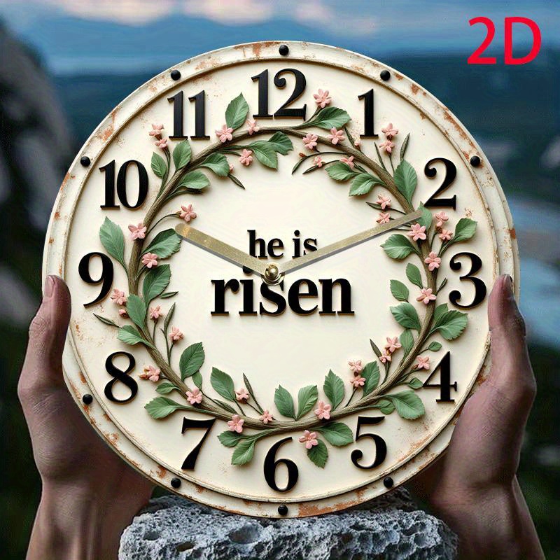 <b>He Is</b> Risen 8인치 무소음 벽시계 - 빈티지 꽃 화환 디자인, 아크릴 쿼츠 <b>운동</b>, 비발광, 영적 홈 데코에 완벽한 거실, 침실 또는 선물용, 시계 벽 장식, 2D 평면